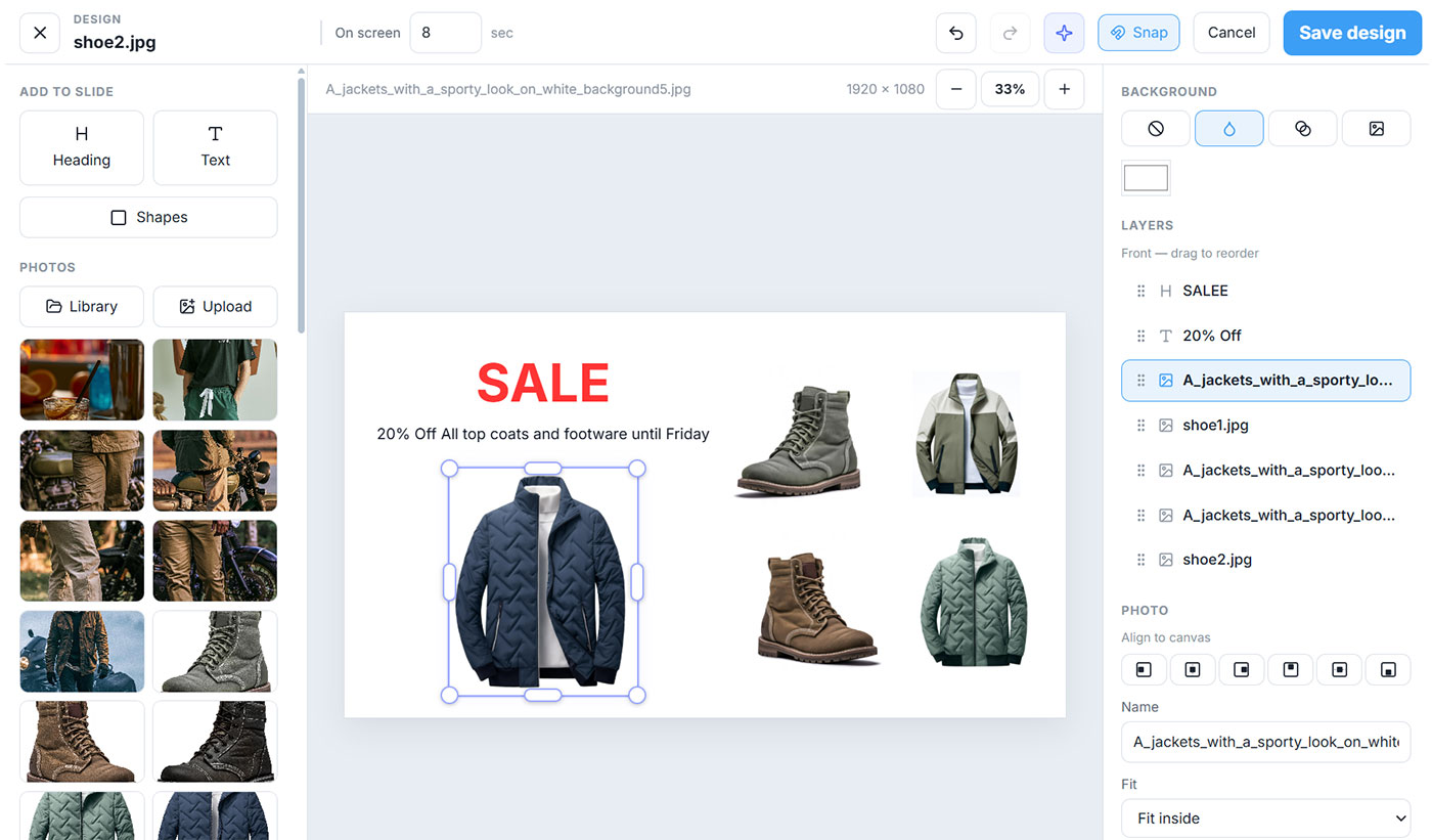 Design editor with a sale slide, photos, and layers
